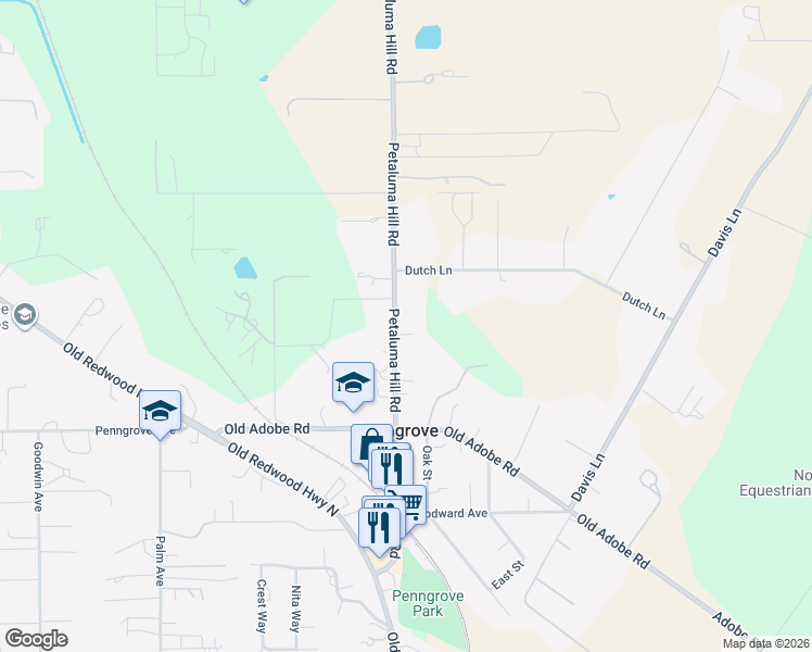map of restaurants, bars, coffee shops, grocery stores, and more near 8810 Petaluma Hill Road in Penngrove