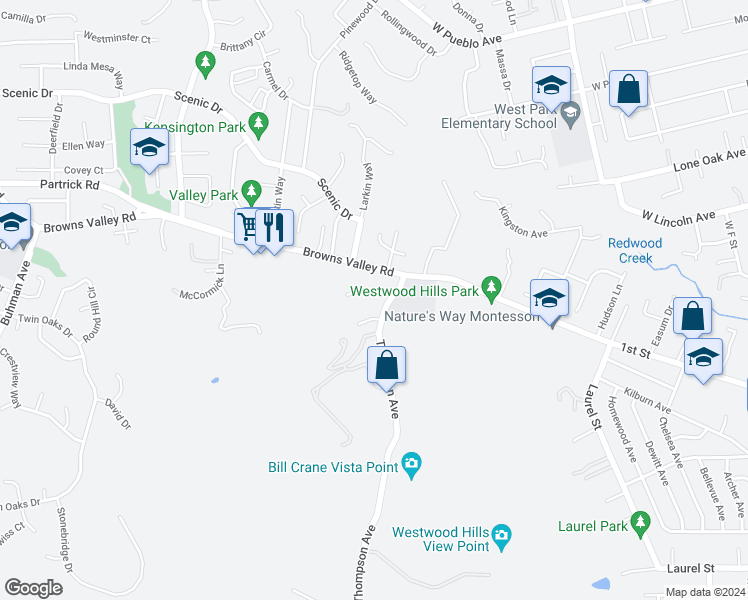 map of restaurants, bars, coffee shops, grocery stores, and more near 3147 Valley Green Lane in Napa
