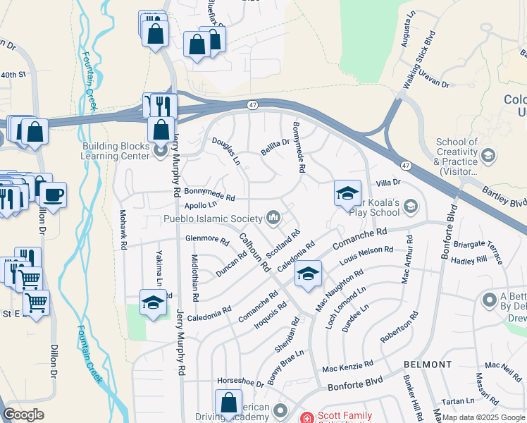 map of restaurants, bars, coffee shops, grocery stores, and more near 2 Alan Shepard Road in Pueblo