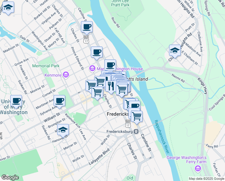 map of restaurants, bars, coffee shops, grocery stores, and more near 907 Princess Anne Street in Fredericksburg