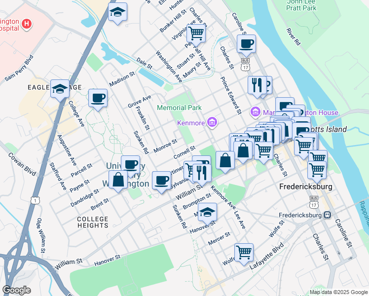 map of restaurants, bars, coffee shops, grocery stores, and more near 1200 Kenmore Avenue in Fredericksburg