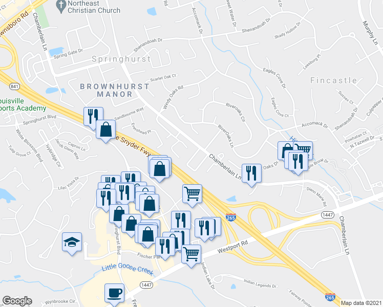 map of restaurants, bars, coffee shops, grocery stores, and more near 3758 Chamberlain Court in Louisville