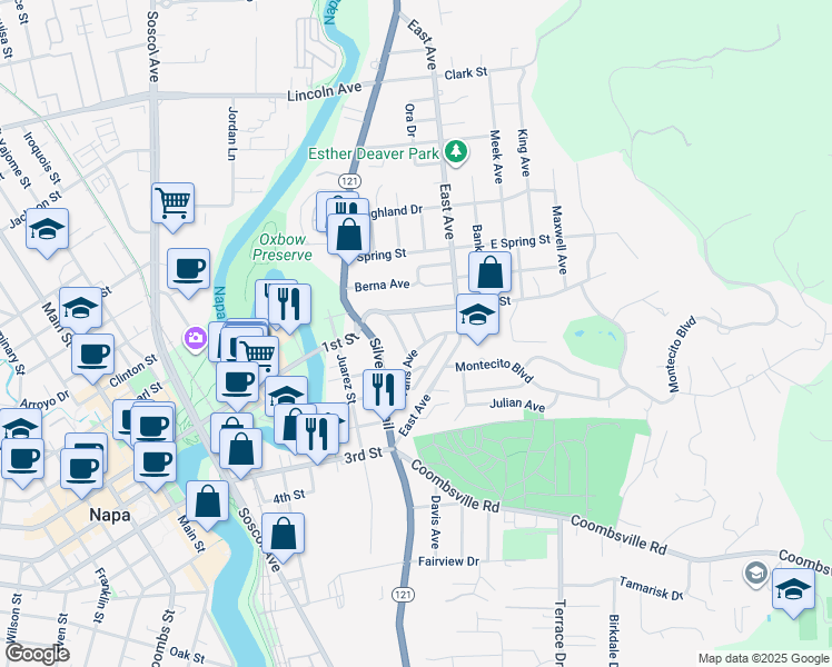 map of restaurants, bars, coffee shops, grocery stores, and more near 1123 Alta Avenue in Napa