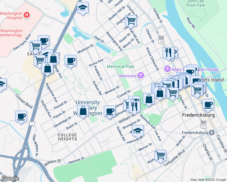map of restaurants, bars, coffee shops, grocery stores, and more near 1210 Littlepage Street in Fredericksburg