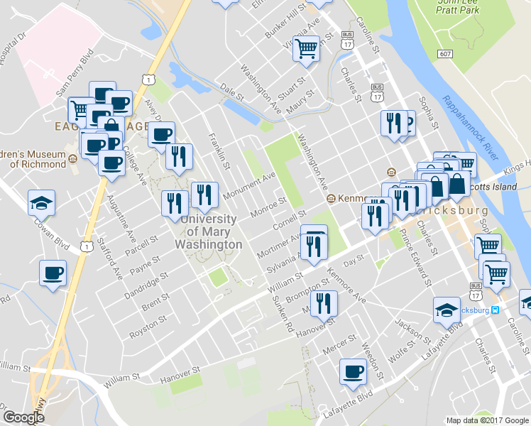 map of restaurants, bars, coffee shops, grocery stores, and more near 1210 Littlepage Street in Fredericksburg