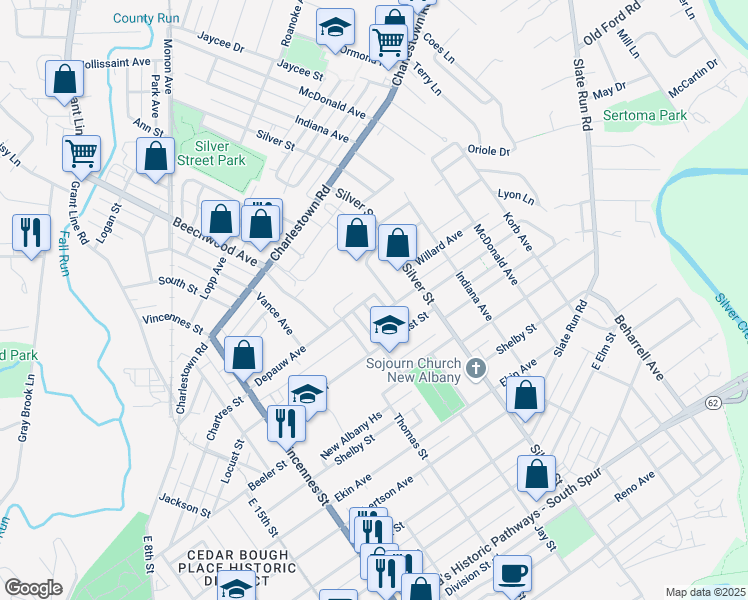 map of restaurants, bars, coffee shops, grocery stores, and more near 2012 Aebersold Court in New Albany