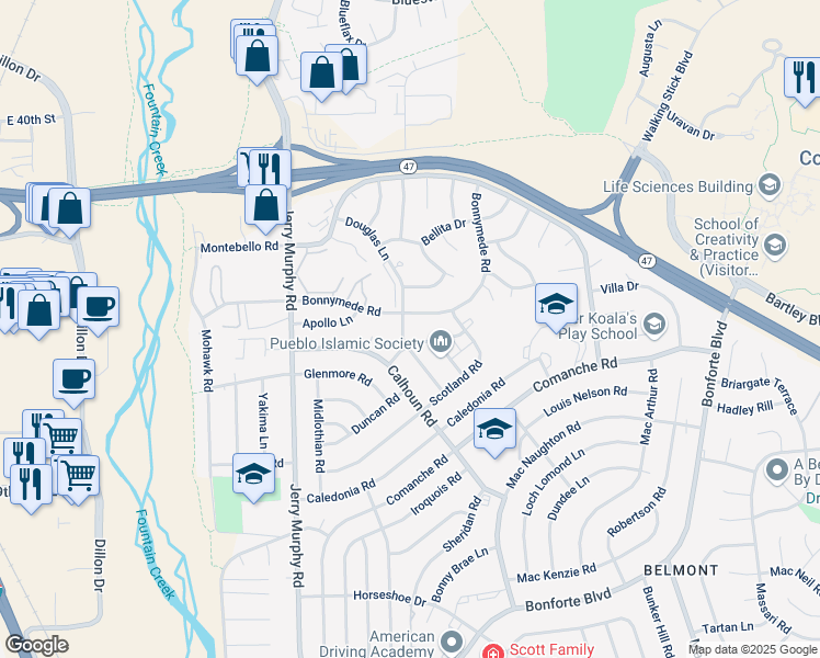 map of restaurants, bars, coffee shops, grocery stores, and more near 2 Alan Shepard Road in Pueblo