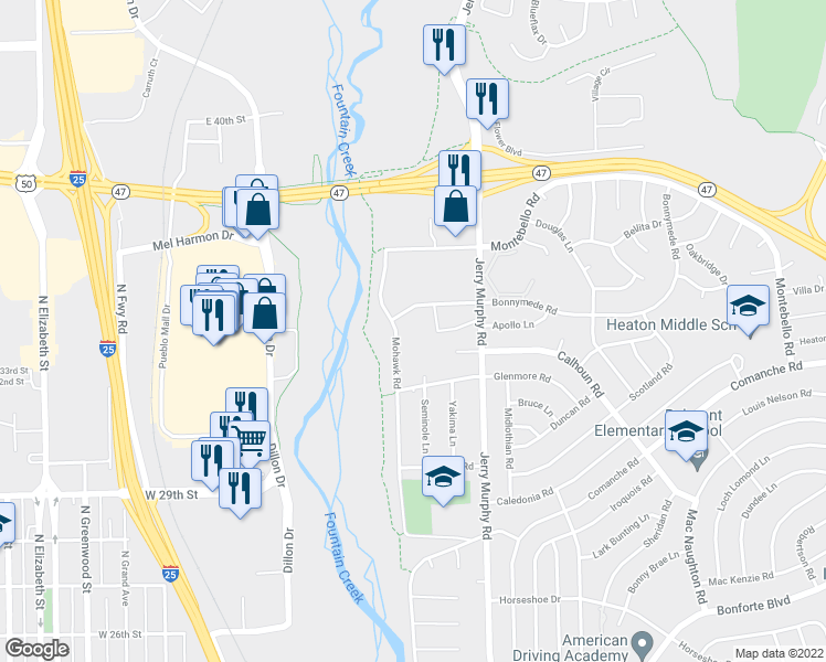 map of restaurants, bars, coffee shops, grocery stores, and more near 2004 Mohawk Road in Pueblo