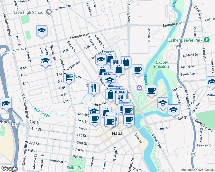 map of restaurants, bars, coffee shops, grocery stores, and more near 1030 Napa Street in Napa