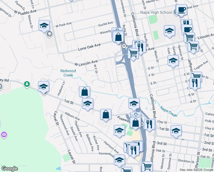 map of restaurants, bars, coffee shops, grocery stores, and more near 2043 West F Street in Napa