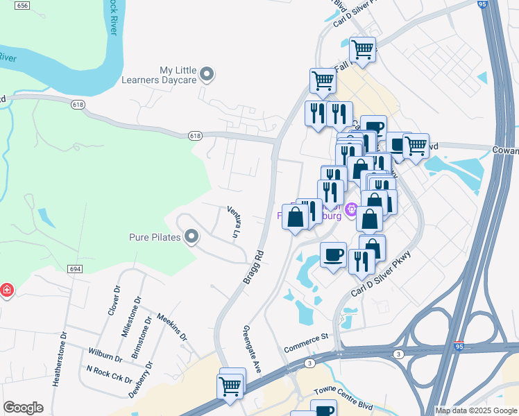 map of restaurants, bars, coffee shops, grocery stores, and more near 1702 Bragg Road in Fredericksburg
