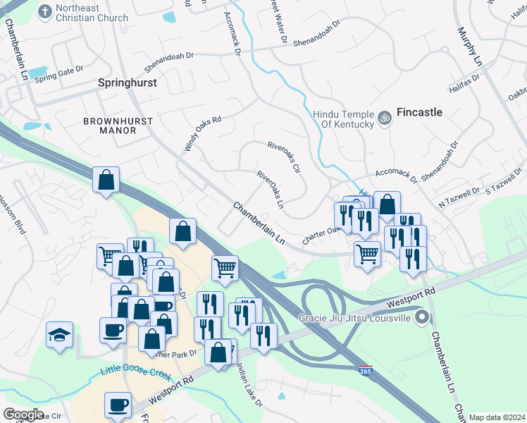 map of restaurants, bars, coffee shops, grocery stores, and more near 26 Charter Oaks Drive in Louisville