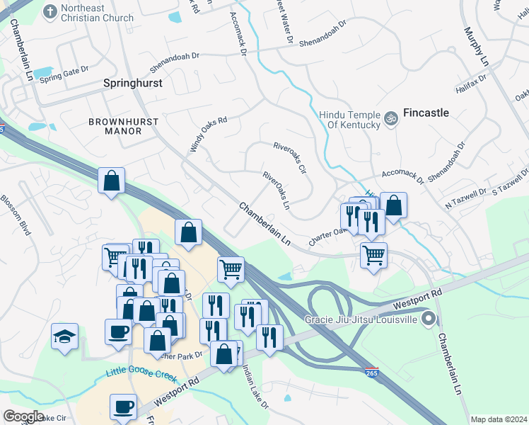 map of restaurants, bars, coffee shops, grocery stores, and more near 3702 Chamberlain Court in Louisville