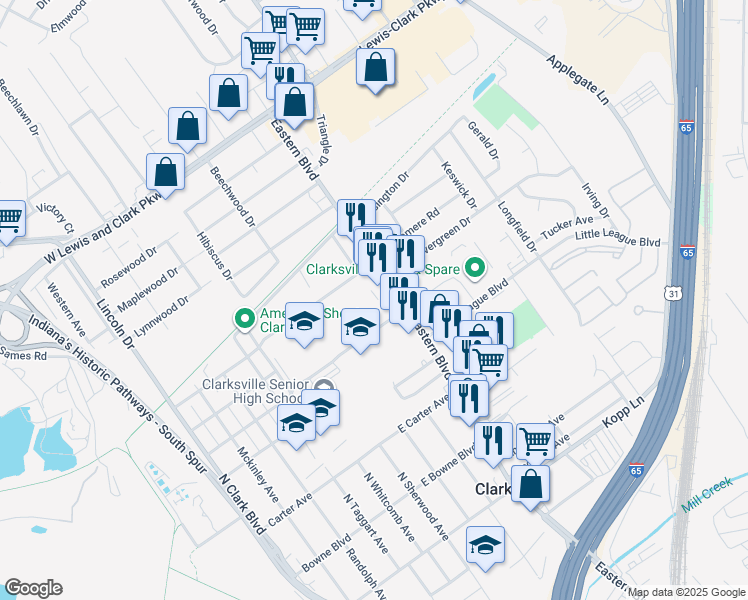 map of restaurants, bars, coffee shops, grocery stores, and more near 225 East Ettels Lane in Clarksville