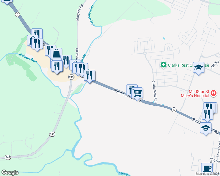 map of restaurants, bars, coffee shops, grocery stores, and more near 25895 Point Lookout Road in Leonardtown