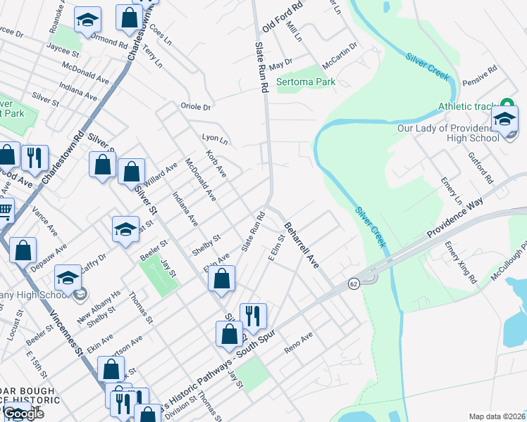 map of restaurants, bars, coffee shops, grocery stores, and more near 1401 Slate Run Rd in New Albany