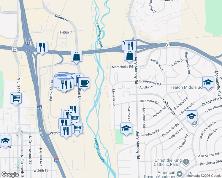 map of restaurants, bars, coffee shops, grocery stores, and more near 1919 Mohawk Road in Pueblo
