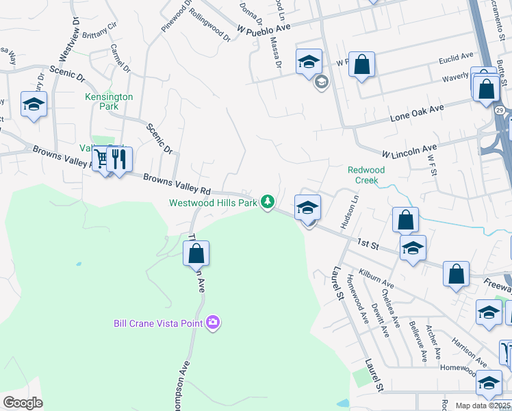 map of restaurants, bars, coffee shops, grocery stores, and more near 3107 Browns Valley Road in Napa
