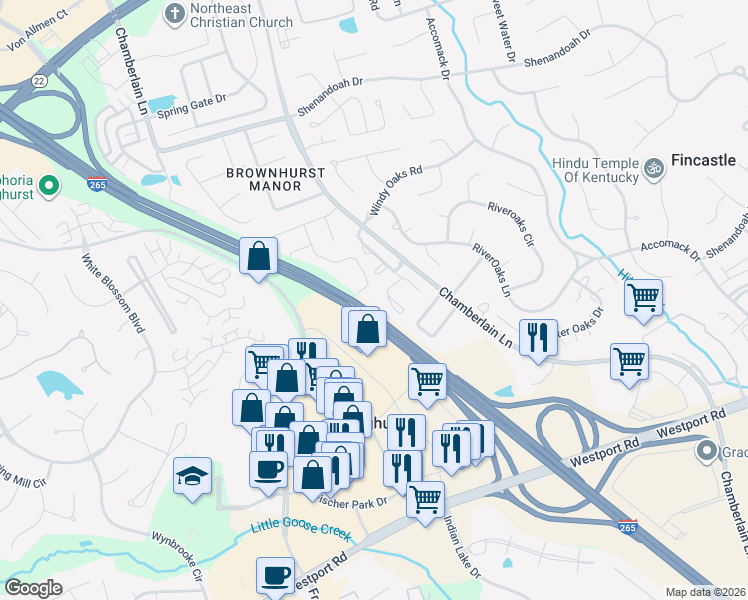 map of restaurants, bars, coffee shops, grocery stores, and more near 4200 Evershead Place in Louisville