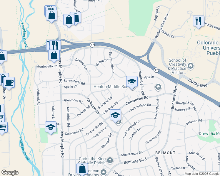 map of restaurants, bars, coffee shops, grocery stores, and more near 96 Scotland Road in Pueblo