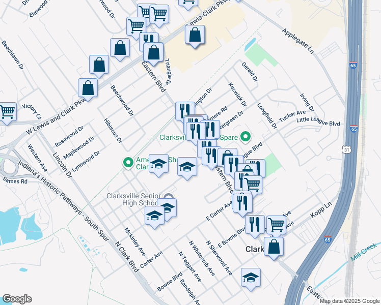 map of restaurants, bars, coffee shops, grocery stores, and more near 225 East Ettels Lane in Clarksville