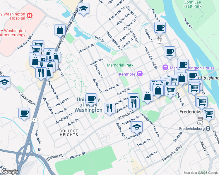 map of restaurants, bars, coffee shops, grocery stores, and more near 907 Monroe Street in Fredericksburg