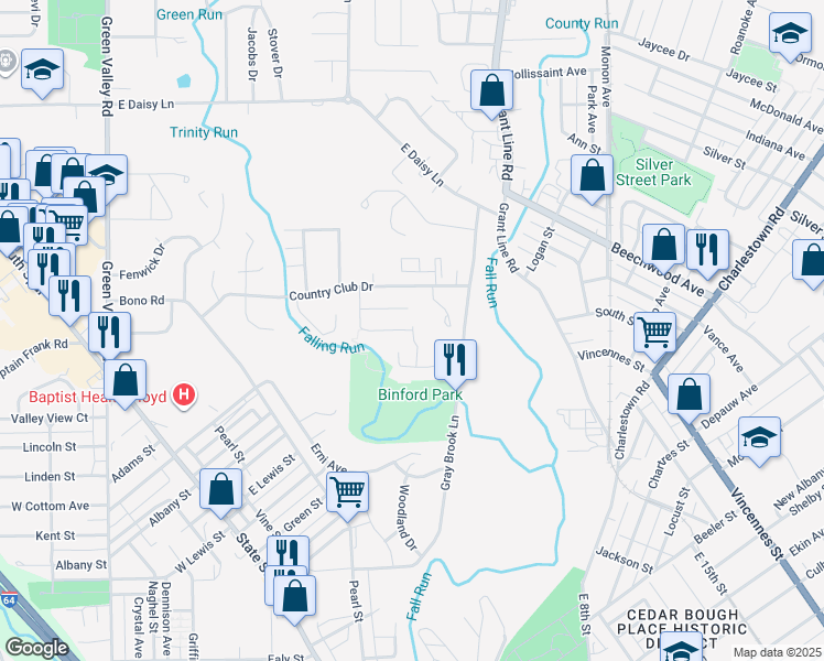 map of restaurants, bars, coffee shops, grocery stores, and more near 598 Hornung Hill Dr in New Albany