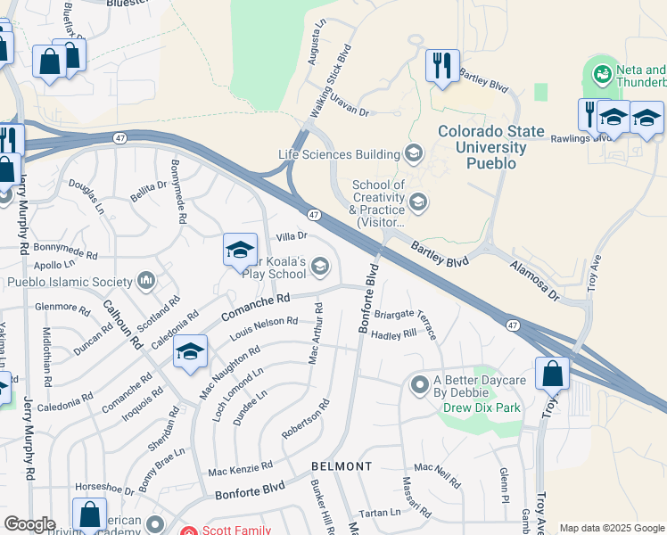map of restaurants, bars, coffee shops, grocery stores, and more near 2126 Comanche Road in Pueblo