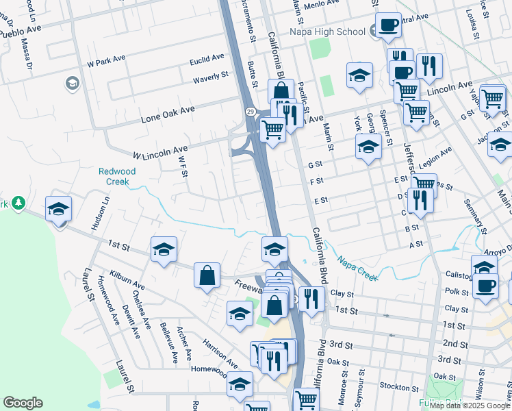 map of restaurants, bars, coffee shops, grocery stores, and more near 425 Coffield Avenue in Napa