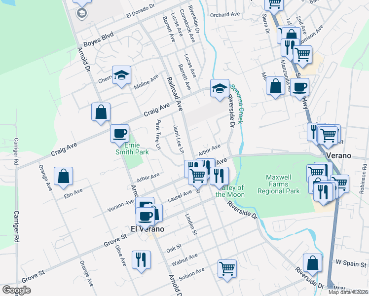 map of restaurants, bars, coffee shops, grocery stores, and more near 18890 Jami Lee Lane in Sonoma