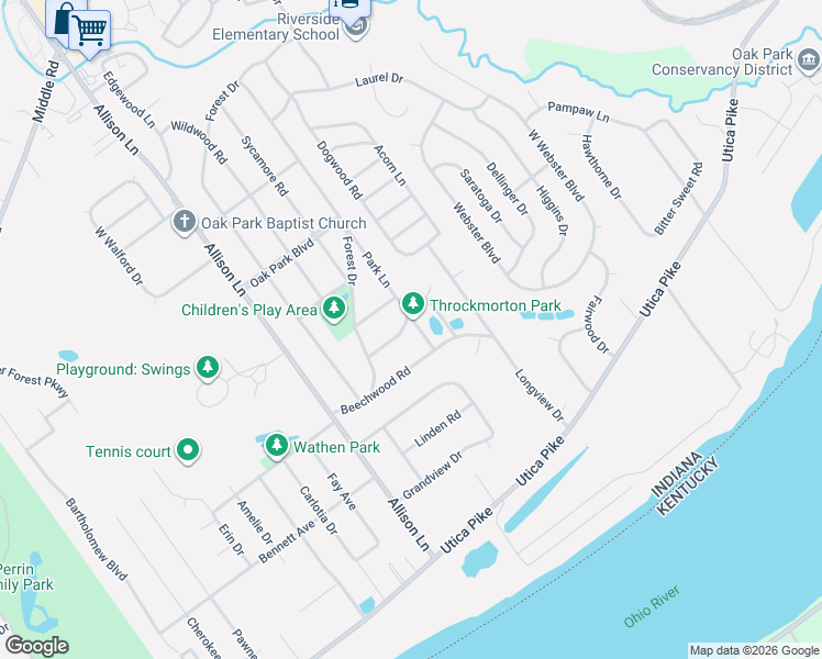 map of restaurants, bars, coffee shops, grocery stores, and more near 32 Beechwood Road in Jeffersonville
