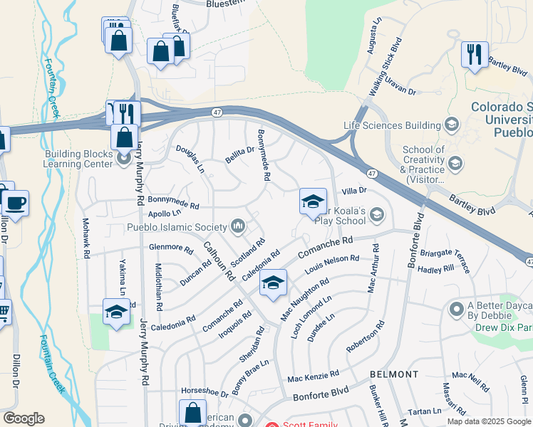 map of restaurants, bars, coffee shops, grocery stores, and more near 180 Bonnymede Road in Pueblo