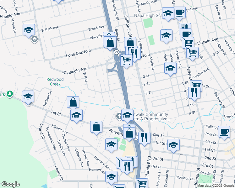 map of restaurants, bars, coffee shops, grocery stores, and more near 2014 West F Street in Napa