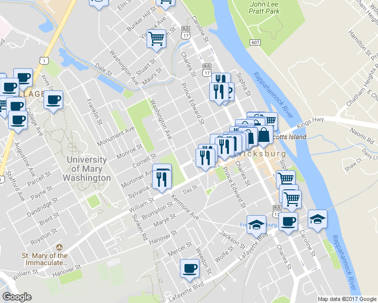 map of restaurants, bars, coffee shops, grocery stores, and more near 1105 Douglas Street in Fredericksburg