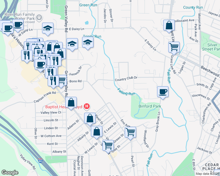 map of restaurants, bars, coffee shops, grocery stores, and more near 326 Country Club Drive in New Albany