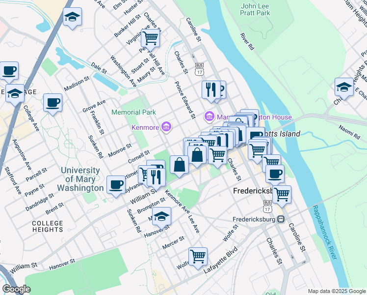 map of restaurants, bars, coffee shops, grocery stores, and more near 1105 Douglas Street in Fredericksburg