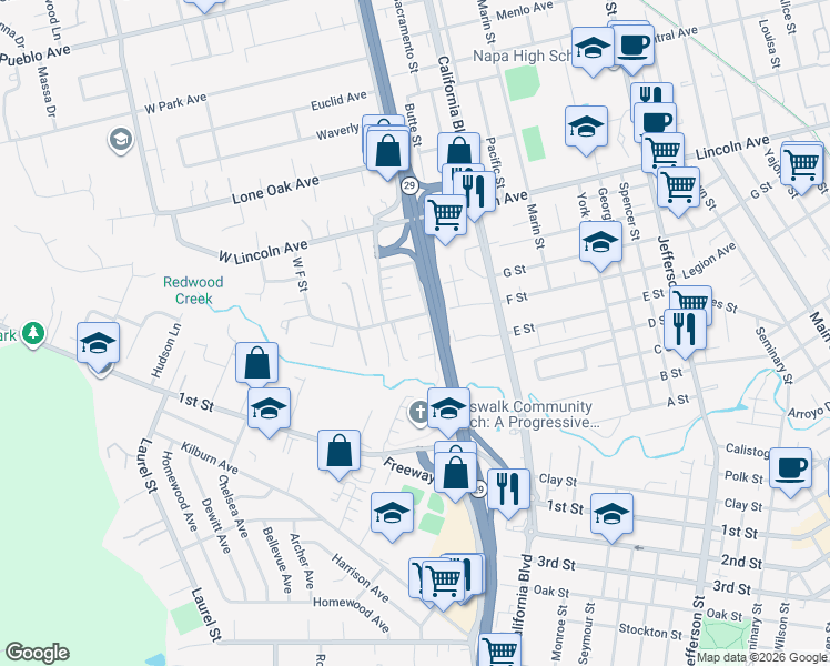 map of restaurants, bars, coffee shops, grocery stores, and more near 2010 West F Street in Napa