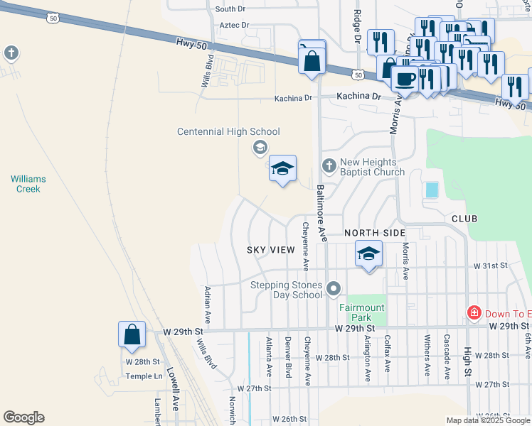 map of restaurants, bars, coffee shops, grocery stores, and more near 2525 Mountview Drive in Pueblo