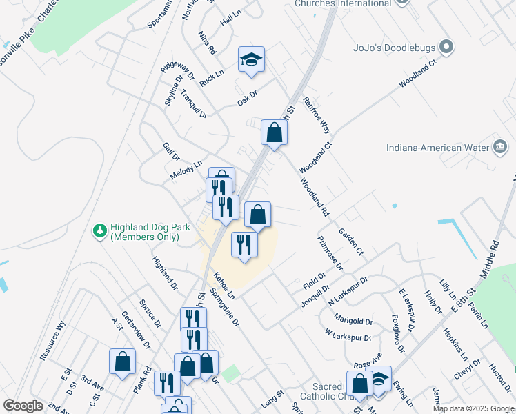 map of restaurants, bars, coffee shops, grocery stores, and more near 1802 East 10th Street in Jeffersonville