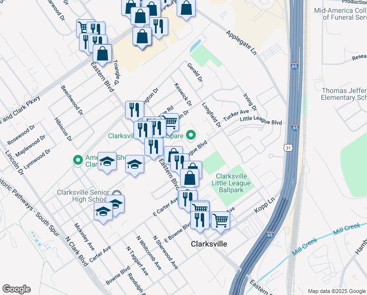 map of restaurants, bars, coffee shops, grocery stores, and more near 486 Owens Way in Clarksville