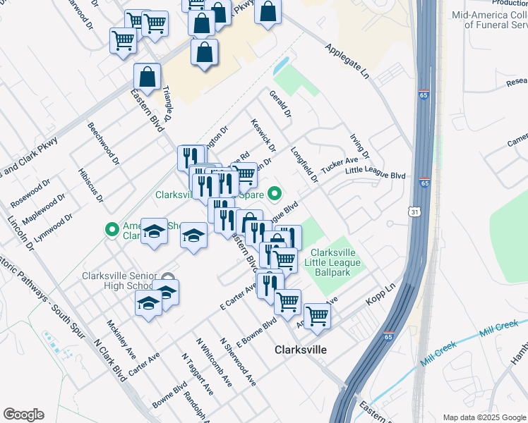 map of restaurants, bars, coffee shops, grocery stores, and more near 486 Owens Way in Clarksville