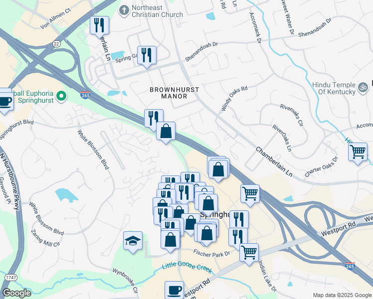 map of restaurants, bars, coffee shops, grocery stores, and more near 3801 Springhurst Boulevard in Louisville