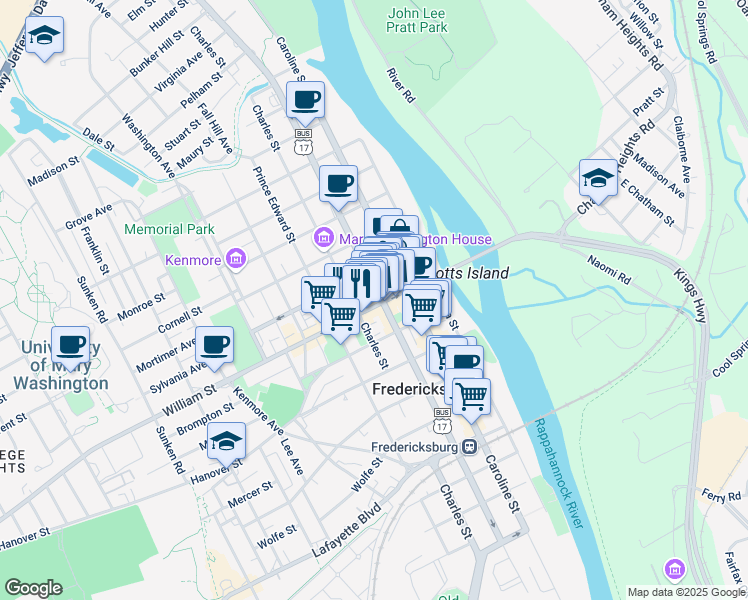 map of restaurants, bars, coffee shops, grocery stores, and more near 305 William Street in Fredericksburg