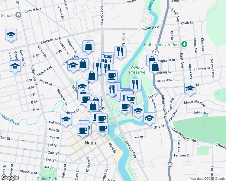 map of restaurants, bars, coffee shops, grocery stores, and more near 1314 McKinstry Street in Napa