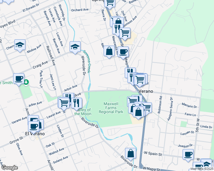 map of restaurants, bars, coffee shops, grocery stores, and more near 191 West Verano Avenue in Sonoma