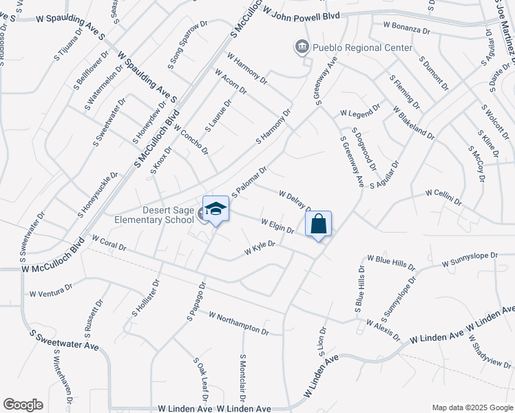map of restaurants, bars, coffee shops, grocery stores, and more near 921 South Elgin Place in Pueblo West