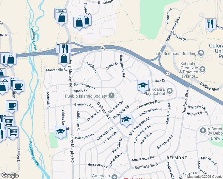 map of restaurants, bars, coffee shops, grocery stores, and more near 159 Bonnymede Road in Pueblo