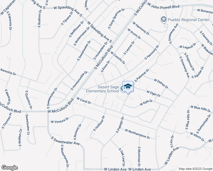 map of restaurants, bars, coffee shops, grocery stores, and more near 941 South Harmony Drive in Pueblo West