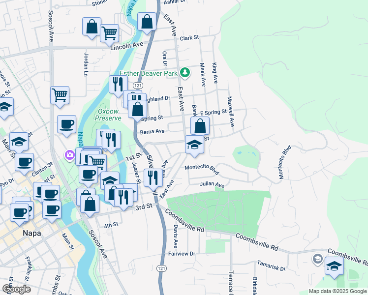 map of restaurants, bars, coffee shops, grocery stores, and more near 26 1st Street in Napa