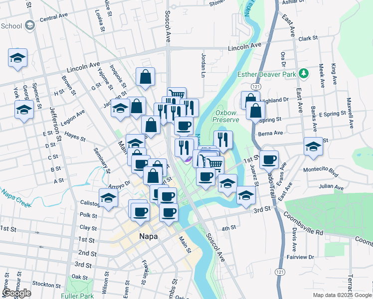 map of restaurants, bars, coffee shops, grocery stores, and more near 1314 McKinstry Street in Napa